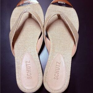SCHUTZ Women's Beige Cork Sandals Size 6.5, Designer Summer Slides